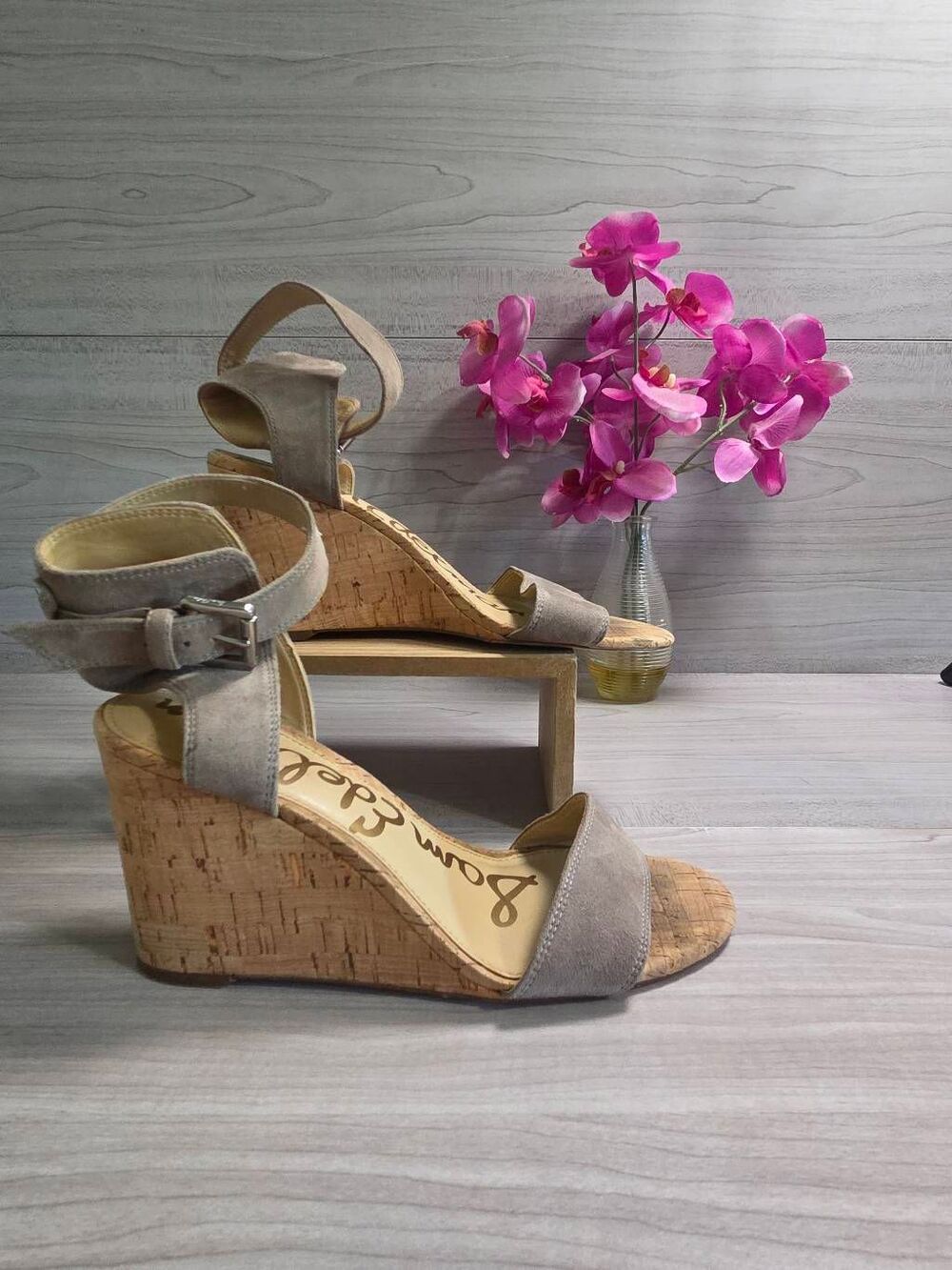 Sam Edelman Grey Suede Cork Wedge Sandals Ankle Buckle Strap Size 8.5